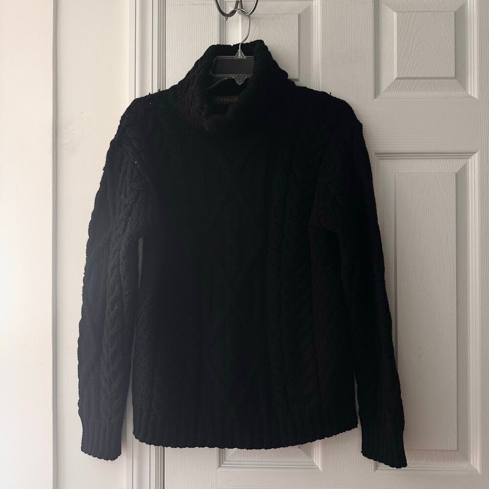Inis Crafts Ireland Merino Wool Black Cable Knit Turtleneck Sweater Large Cozy